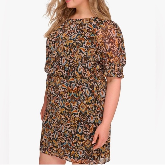 NEW| Women’s Jessica Howard Floral Chiffon Elbow Sleeve Boat Neck Mini Dress - Picture 2 of 5